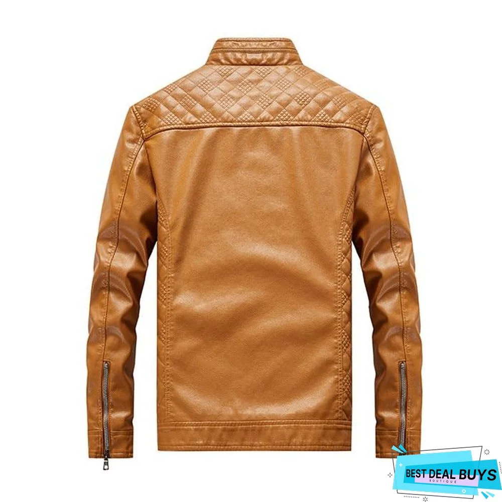 Mens Leather Jacket Fashion Vintage Leather Plus Size Stand Collar Coat