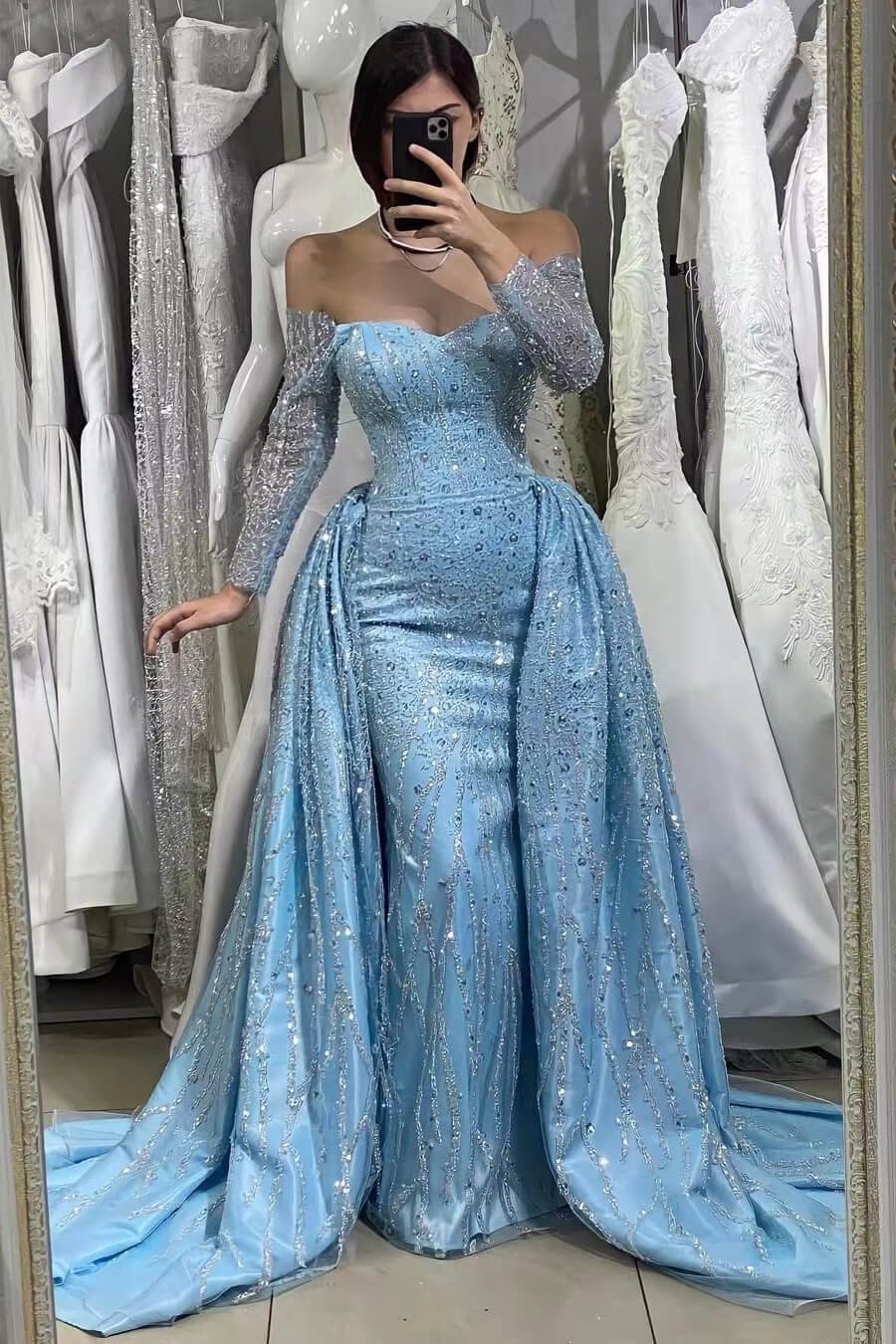 Sequins Blue Long Sleeves Beads Off-The-Shoulder Sweetheart Evening Dress With Long Ruffles | Ballbellas Ballbellas