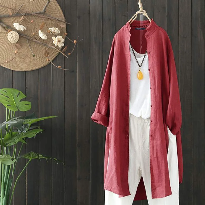 ZANZEA Vintage Women Autumn Long Sleeve Cotton Linen Blouse Buttons Down Shirt Casual Solid Tunic Tops Blusas Cardigan