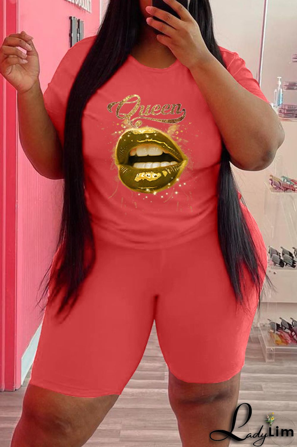 Black Fashion Casual Lips Printed Basic O Neck Plus Size Two Pieces