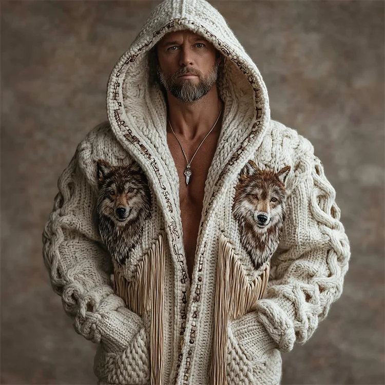 Men's Vintage Western Wolf Tassels Chunky Hooded Cardigan