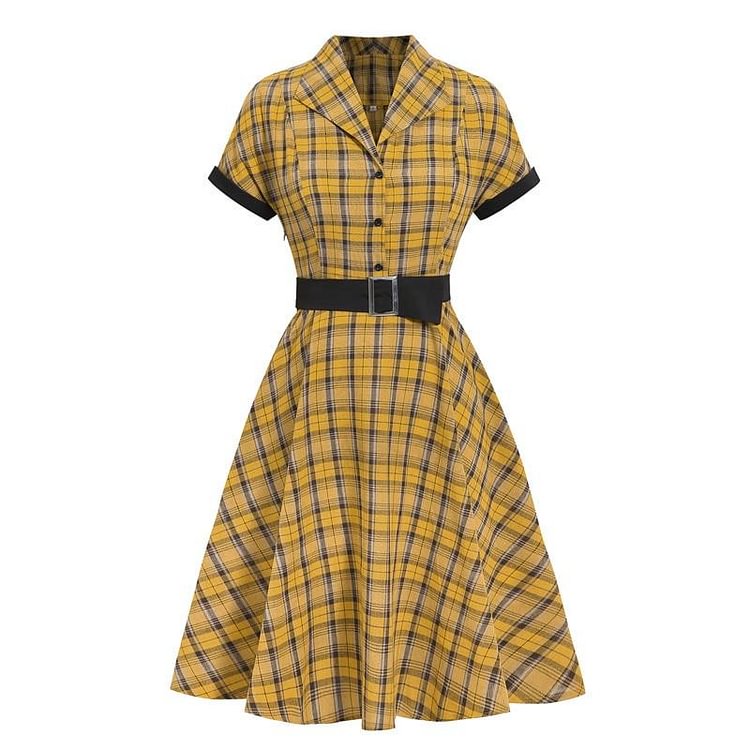Mayoulove Plaid Vintage Dress Turn Down Neck Belt Short Sleeve Rockabilly 50s Retro Dresses-Mayoulove