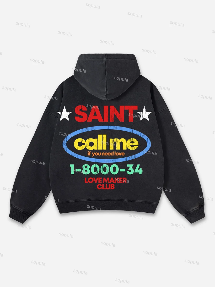 Sopula Vintage Saint Call Me If You Need Love Graphic Acid Washed Oversized Hoodie
