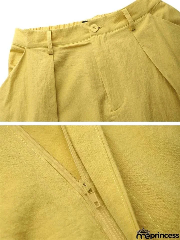 Retro Style Elastic Waist Button Zipper Pocket Flare Maxi Skirt