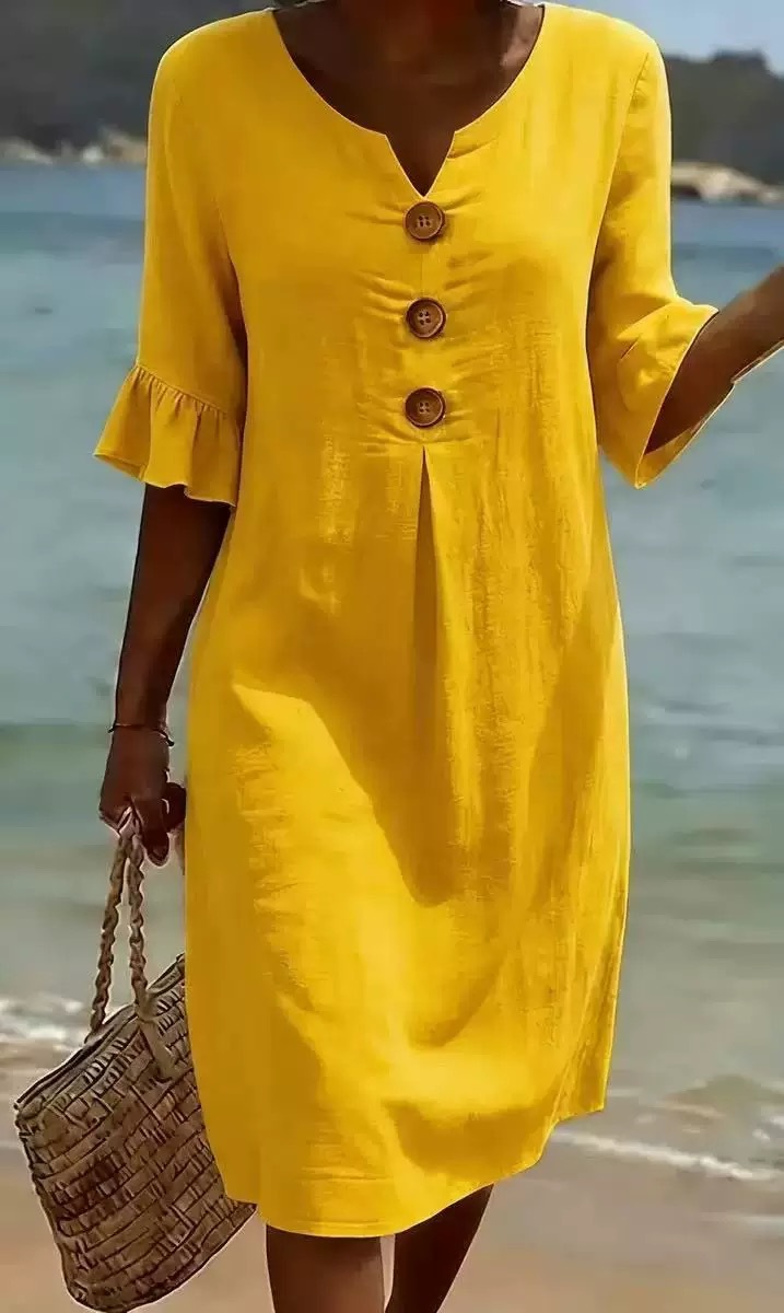 👗Women's Solid-Color Cotton Dress with Buttons and Ruffled Sleeves
