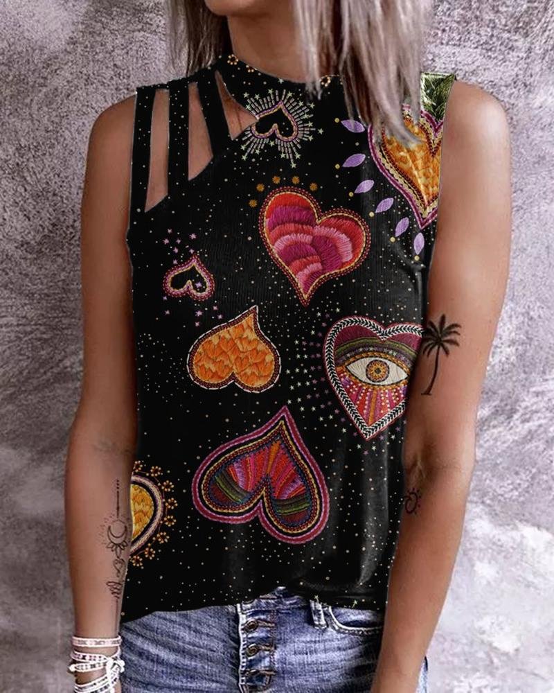 Women's Crew Neck Cutout Print Tank Top