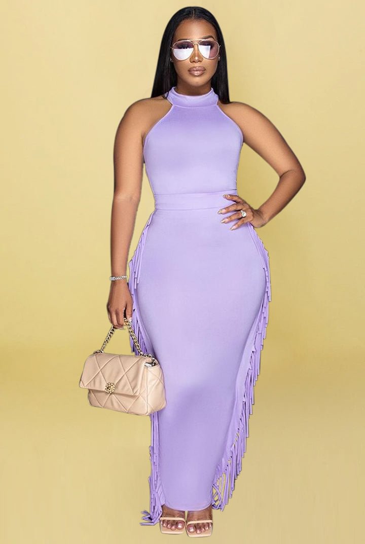 Mock Neck Sleeveless Slim Fringe Midi Dress