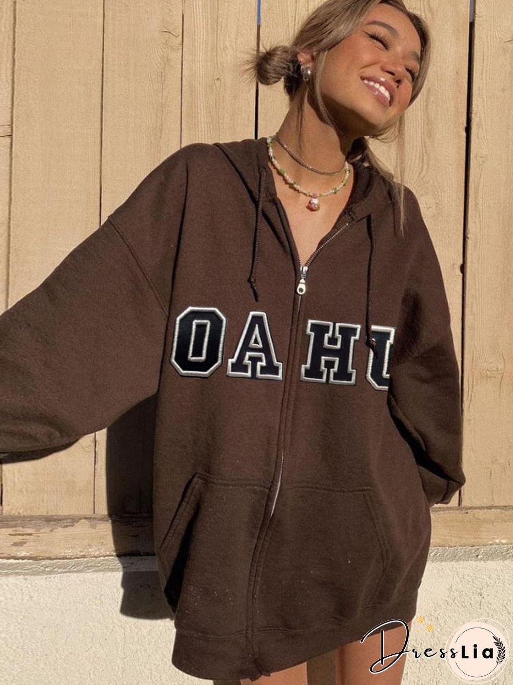 Vintage Brown Zip Sweatshirts Women Y2K Streetwear Letter Print Oversized Hoodie Pockets