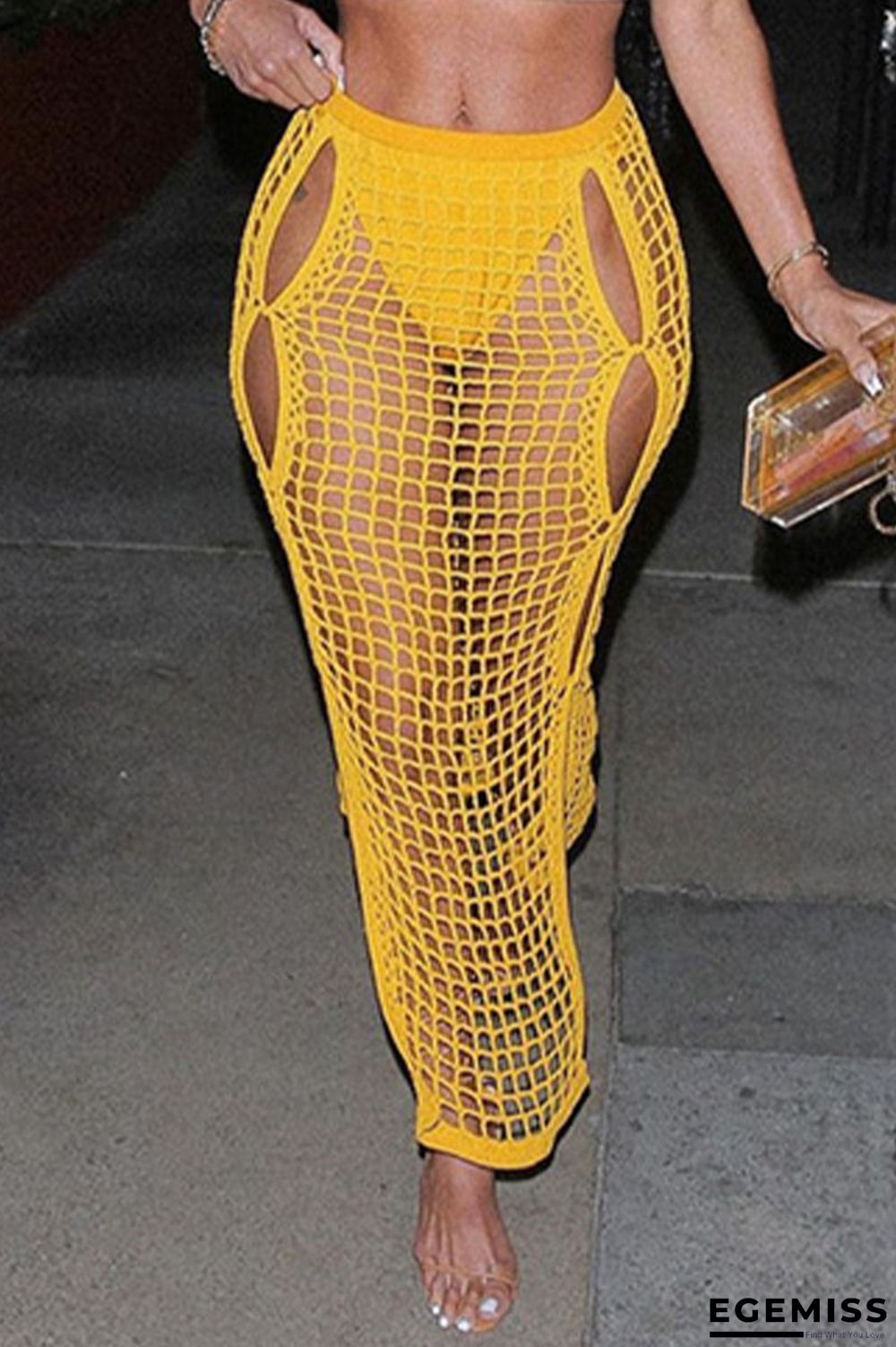 Yellow Sexy Solid Hollowed Out Patchwork Straight High Waist Straight Patchwork Bottoms | EGEMISS