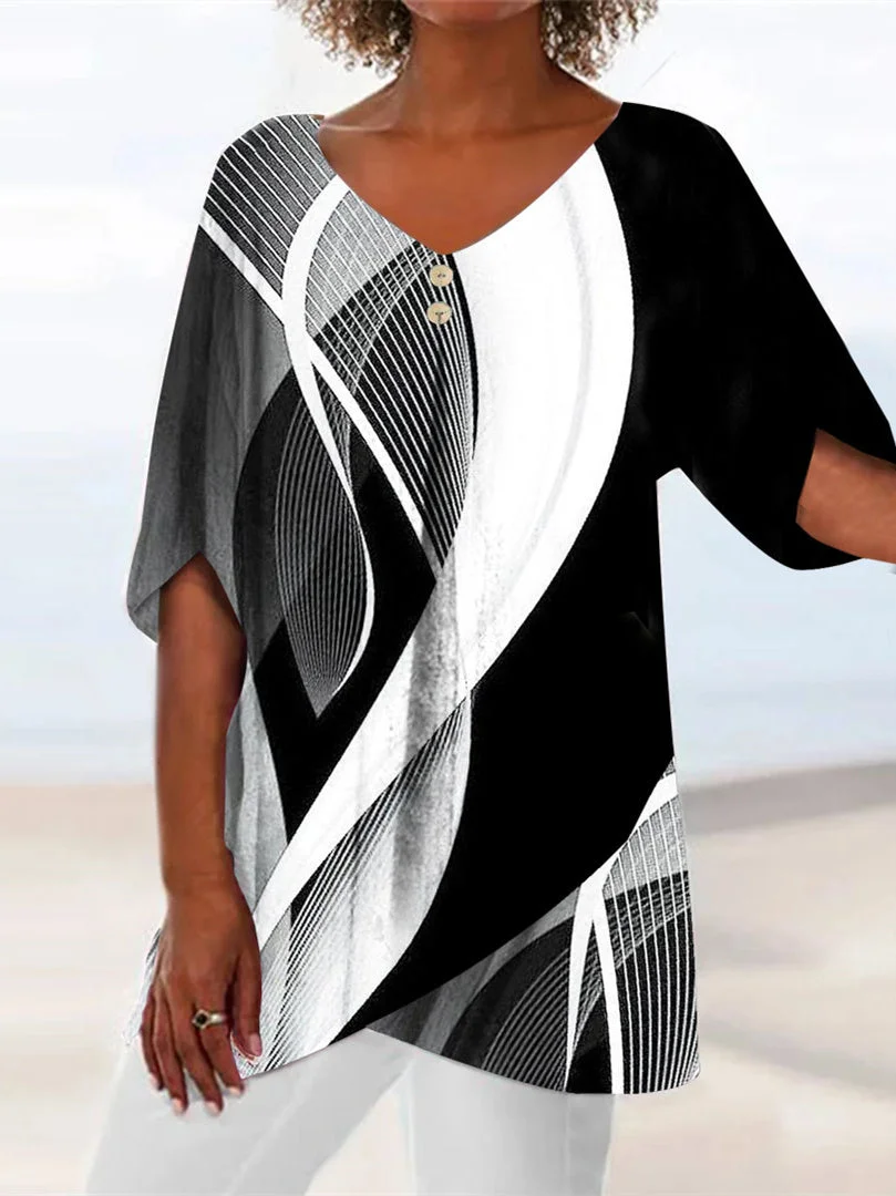 Women Asymmetrical Half Sleeve V-neck Striped Colorblock Top