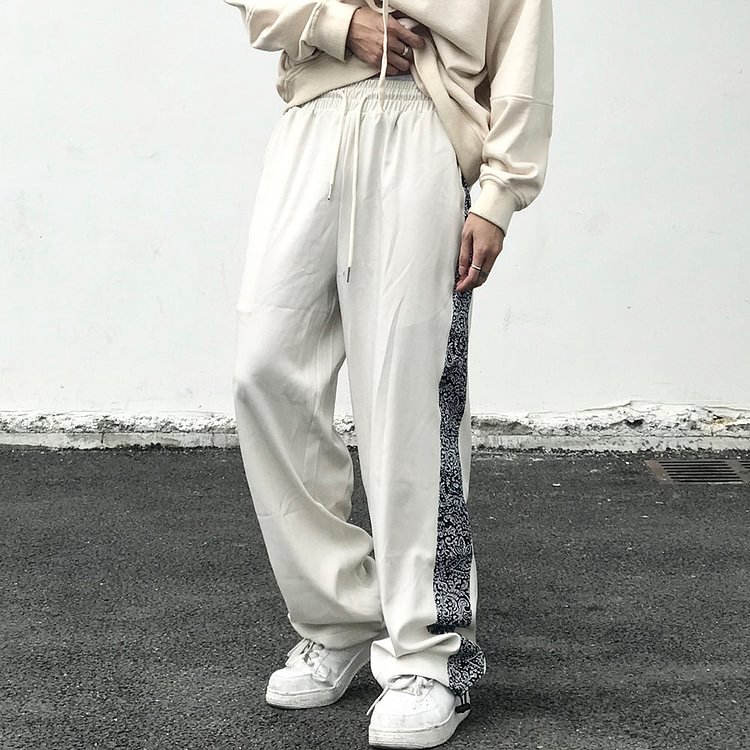 Men's Paisley Stitching Baggy Straight Trousers Men's plus Size Retro Sports Color Matching Elastic Waist Casual Pants Street Trendy Trousers Men Pants