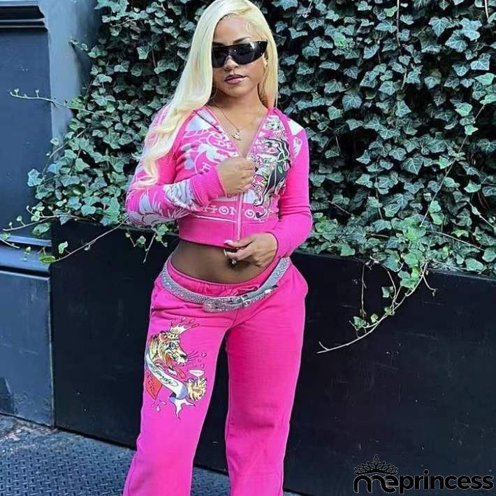 Women Fashion Casual Print Long Sleeve Zipper Top Pants Two-Piece Set