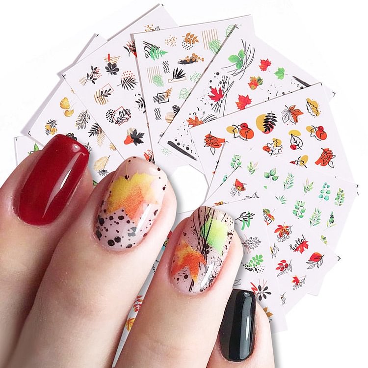 Harunouta 12Pcs Summer Maple Leaves Geometry Line Water Decals Fall Leaves Flower Stickers Sliders Nail Art Decorations
