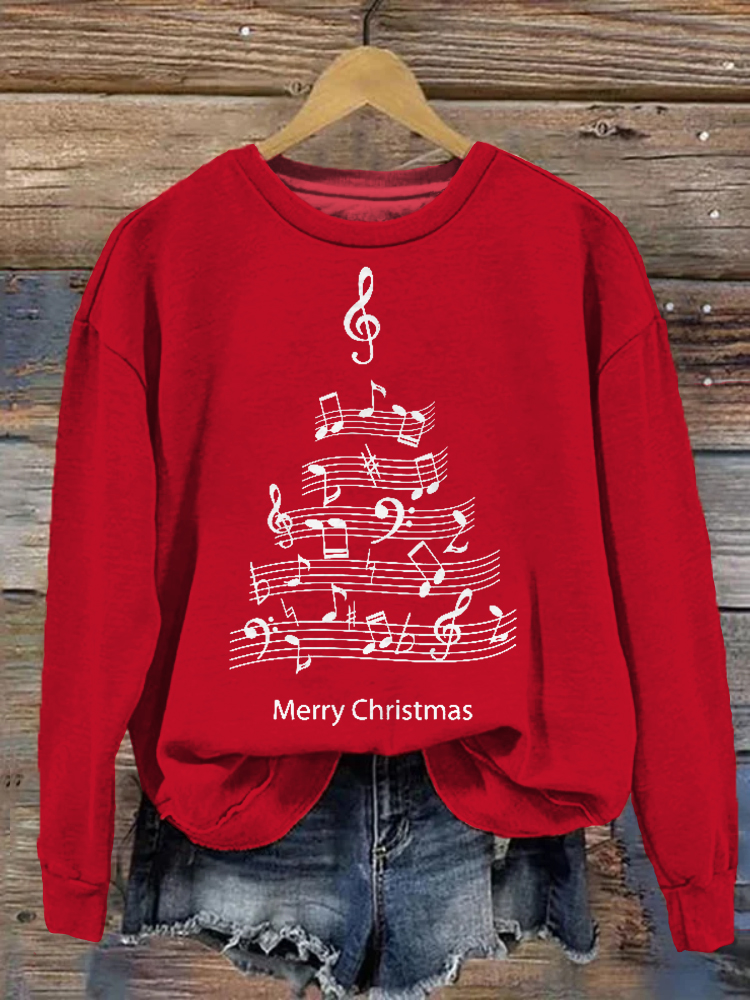 Music Note Christmas Tree Print Casual Cozy Sweatshirt wearshes