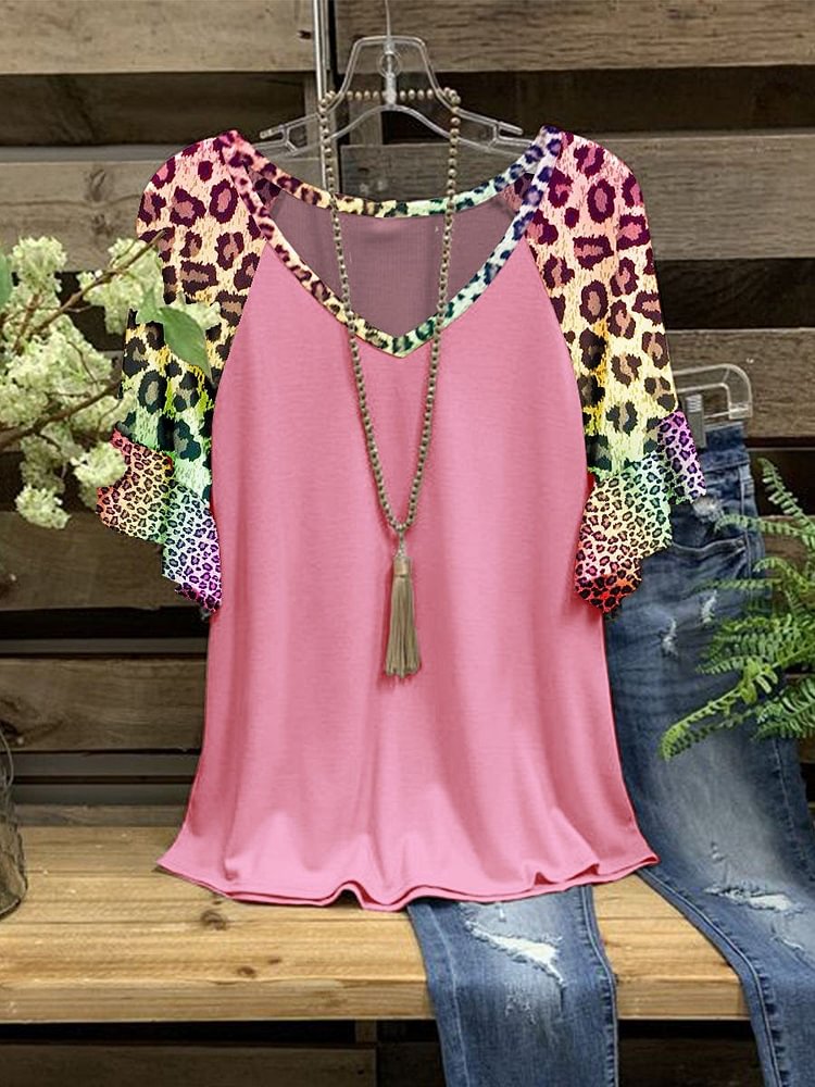Women's New Loose Leopard Print Pink Pullover T-Shirt