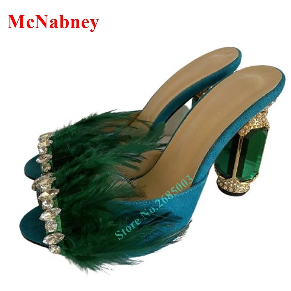 New Strange Style Feather Slipper Sandals Open Toe Crystal Solid Slip On Slipper Women Shoes Summer Party Dress Designer Sexy