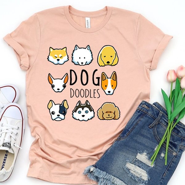 New Dog Doodle Print T-Shirt Women Casual T Shirt Summer Fashion Short Sleeve Round Neck Tops - Shop Trendy Women's Clothing | LoverChic