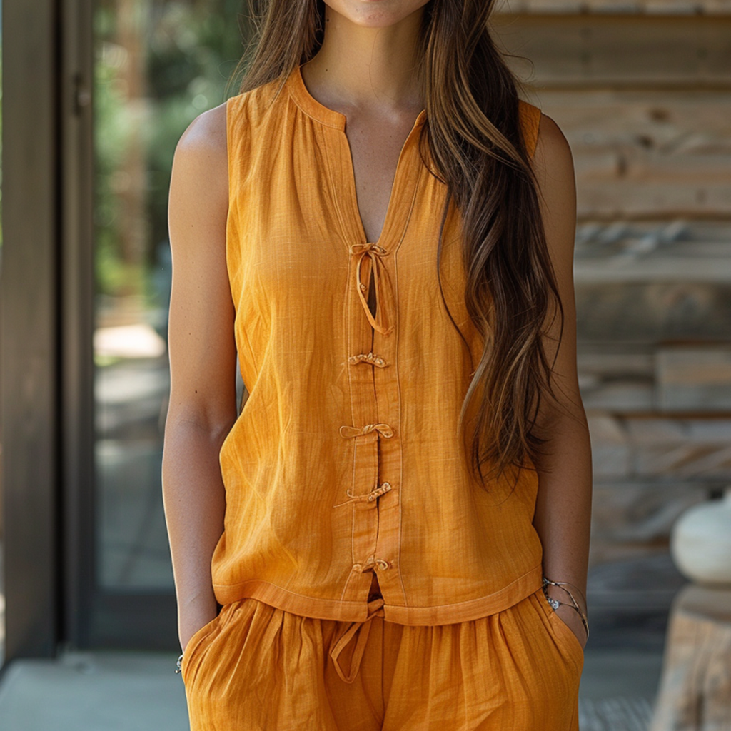 Retro Casual Linen Sleeveless Stand Collar Shirt T-shirt Chinese Style Sleeveless Shirt
