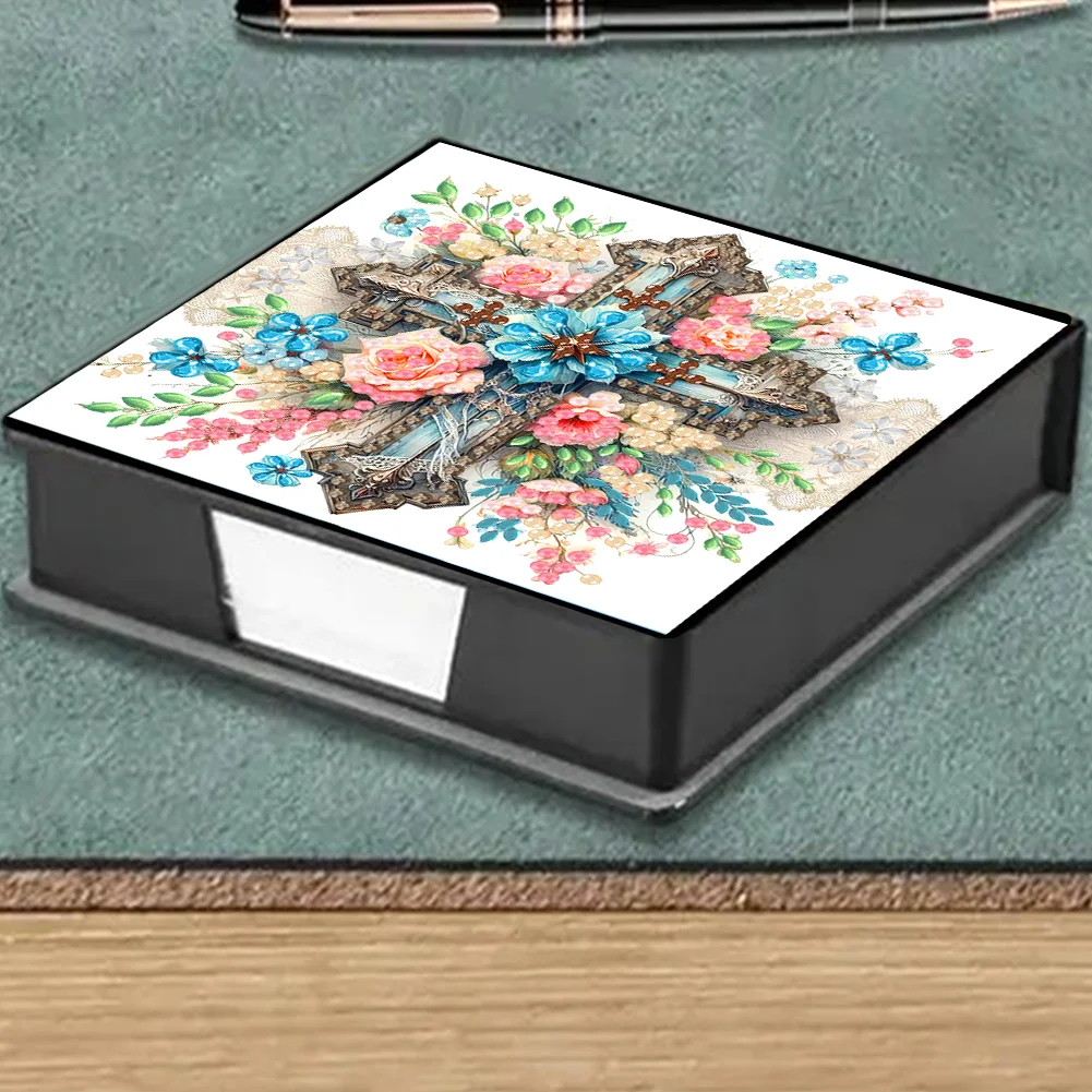 DIY Flower Cross Leather Diamond Art Note Box with 160 Sheets of Paper for Beginners