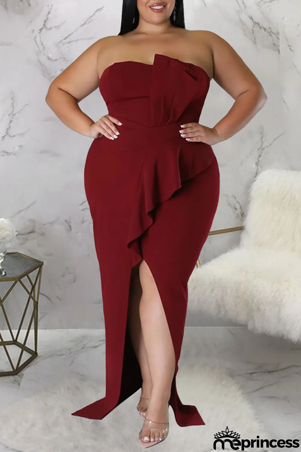 Black Sexy Solid Patchwork Flounce Slit Asymmetrical Strapless Evening Dress Plus Size Dresses