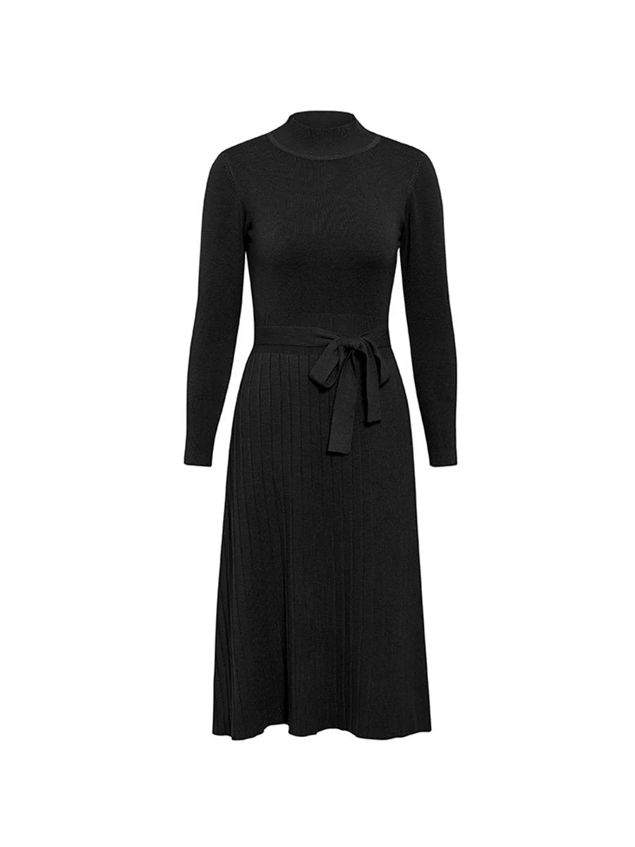 Elegant Knitted Dress Turtleneck Belt Long Bodycon Sweater Dress