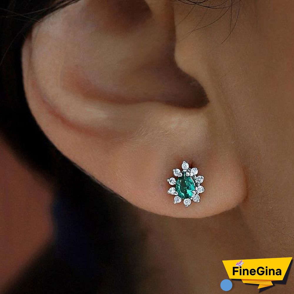 Small Emerald Stud Earrings In 14k Solid Gold with Genuine Diamond/Dainty Pave Diamond Drop Studs for Women/Wedding Jewelry