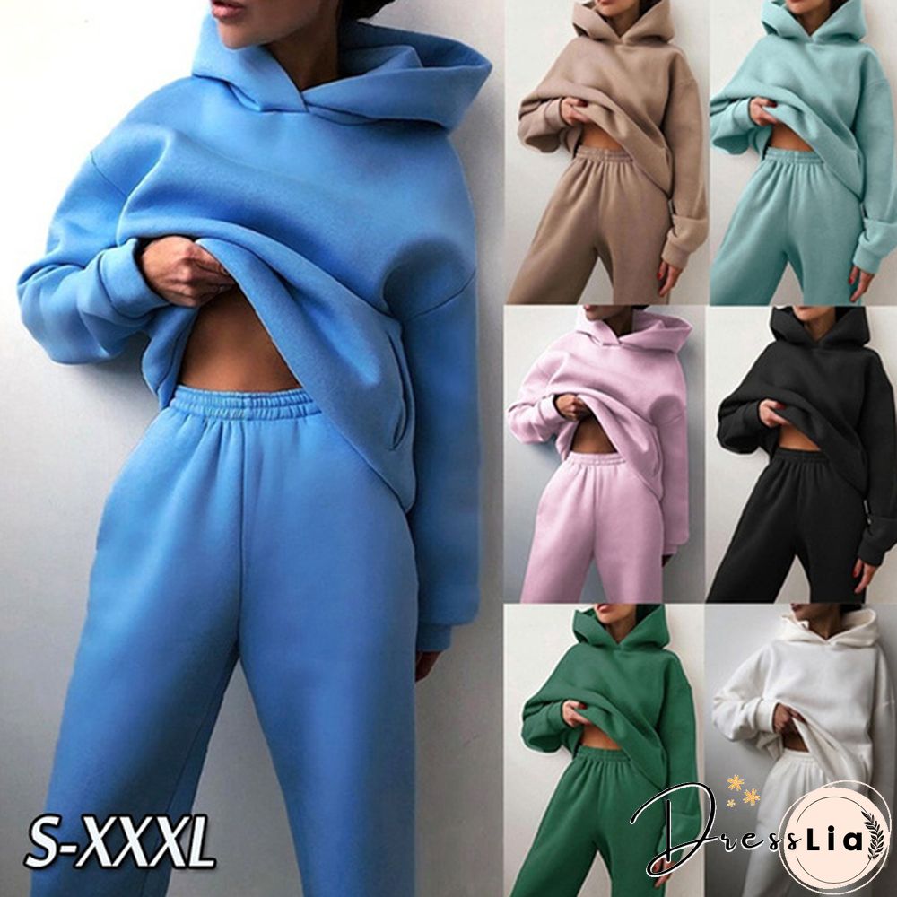 10 Colors Women Casual Sets Warm Hoodie Sweatshirts And Long Pant Solid Color Tops+ Leggings Loose Ladies Sport Suit Tracksuit Sportwear Two Piece Sets Outfit Playsuit