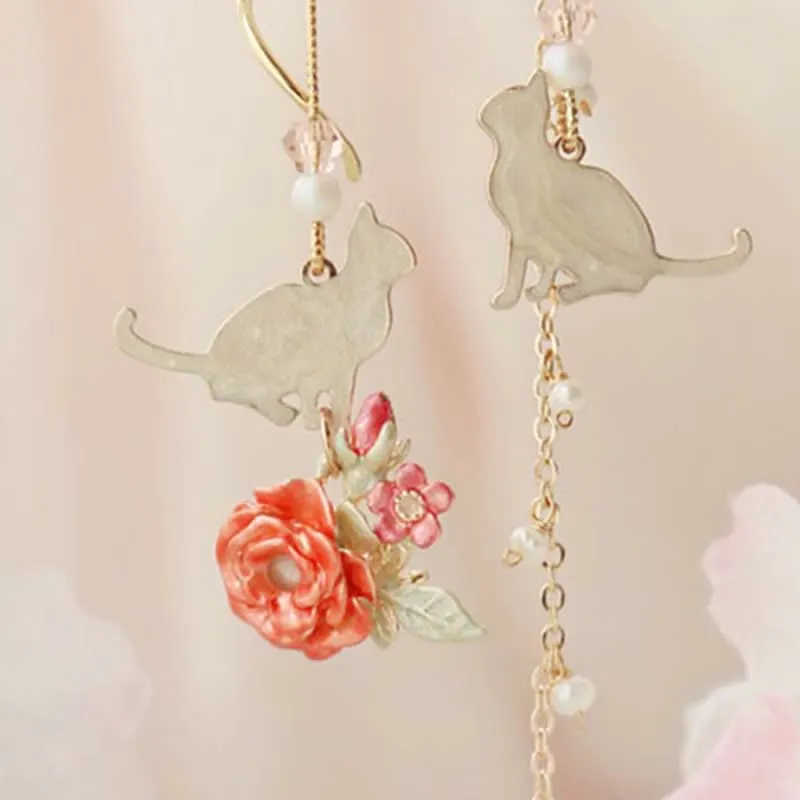 Asymmetrical Cat Blossom 925 Sterling Silver Stud Earrings Ear Clip