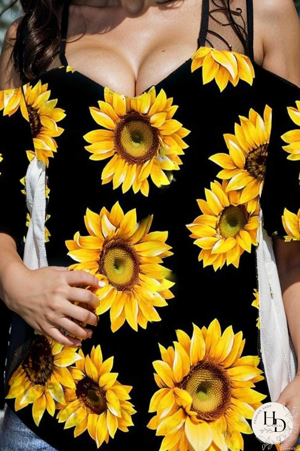 sunflower print off shoulder hollow wide shoulder strap t shirt
