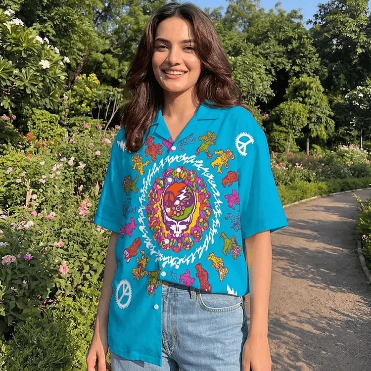 Vintage Grateful Dead Skull & Bear &Terrapin Graphic Cuban Collar Short Sleeve Shirt &ndash; Unisex Retro Cotton Top