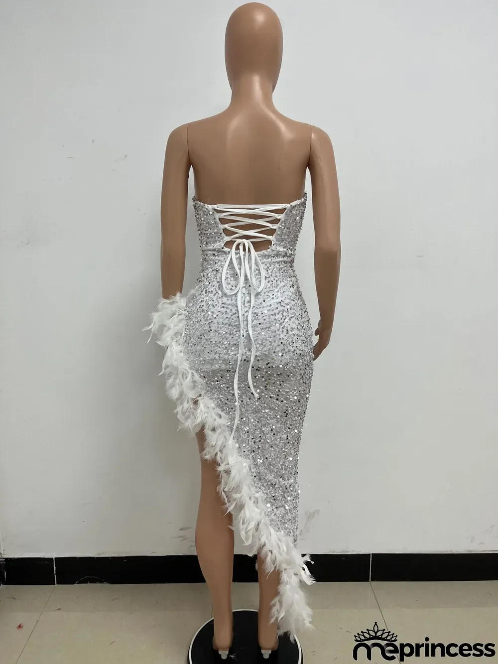 Women Sexy Off Shoulder Backless Sequin Feather Dress