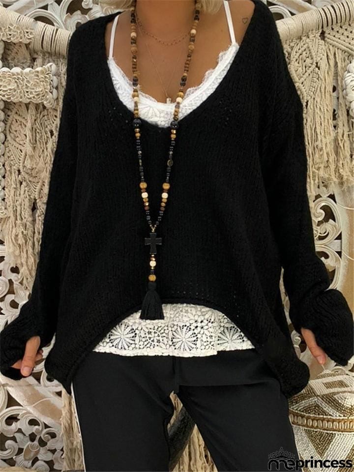 V Neck Asymmetric Long Sleeve Sweaters
