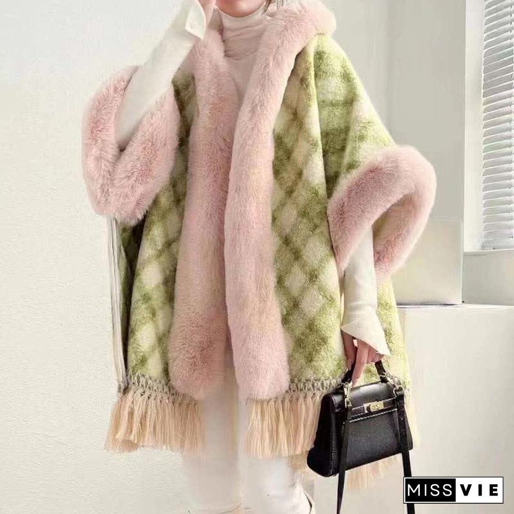 Plaid Print Furry Collar Fringed Casual Hooded Cloak Coat