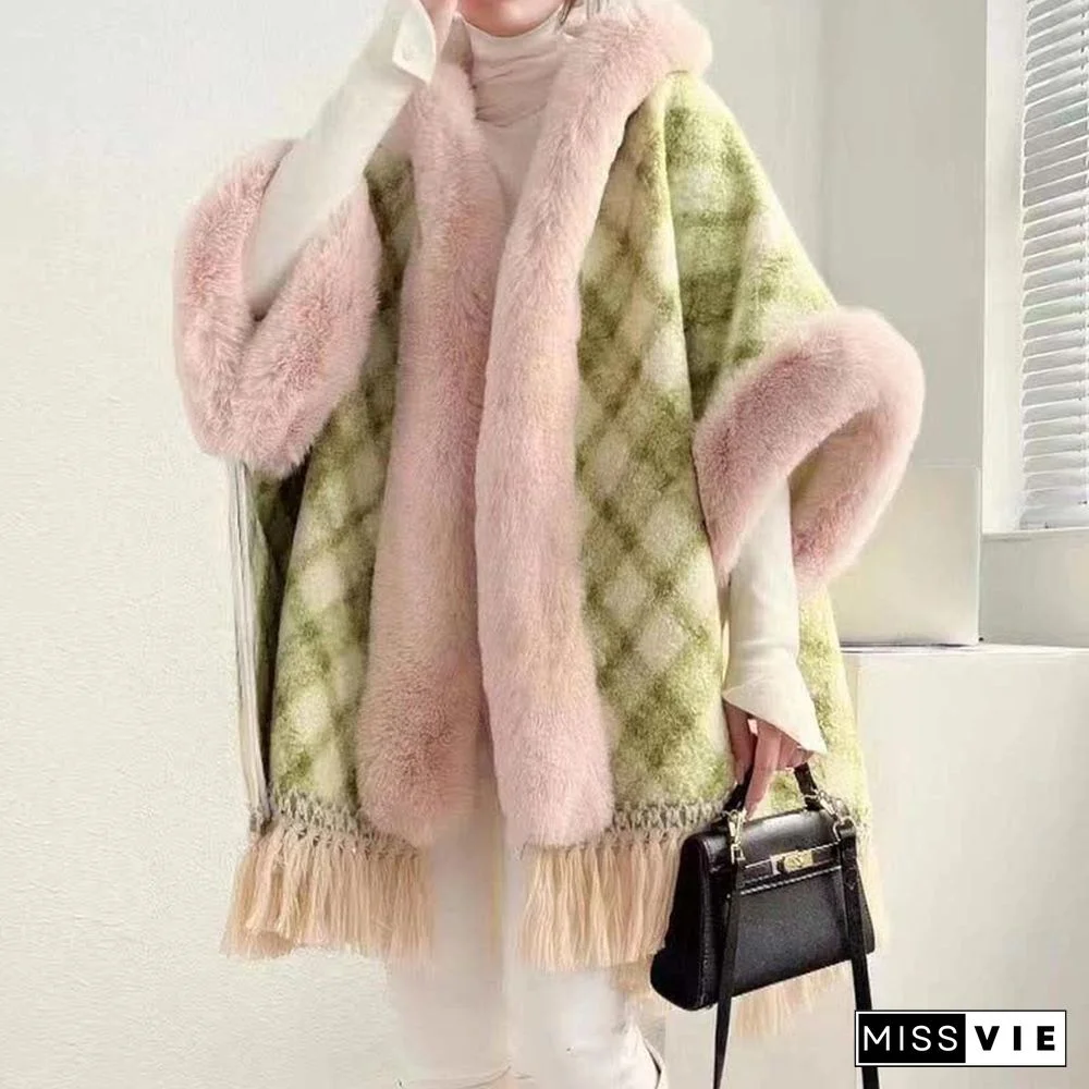 Plaid Print Furry Collar Fringed Casual Hooded Cloak Coat