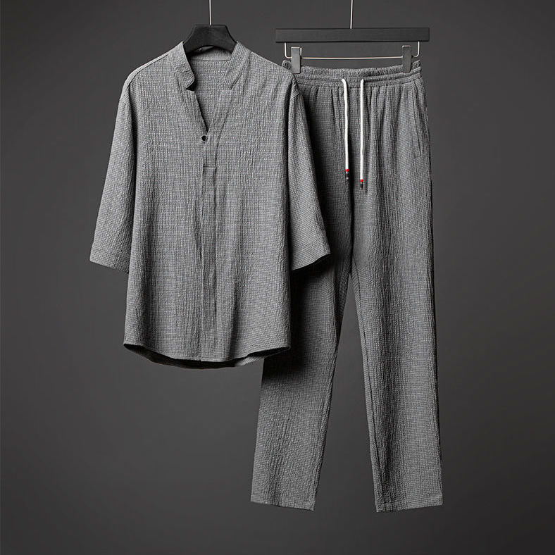 Men's Grey Ice Silk Linen Two Piece