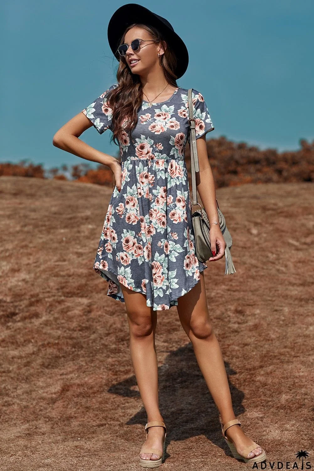 Floral Print Short Sleeve Pleated Mini Dress