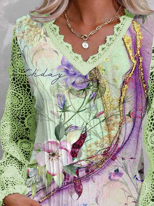 Women Long Sleeve V-neck Floral Printed Graphic Lace Tops
