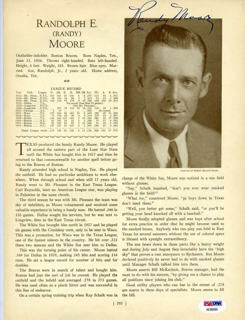 Randy Moore Psa Dna Coa Autograph 1933 Who`s Who 8x10 Photo Poster painting Page Signed