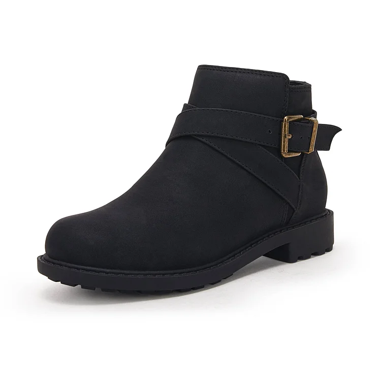 Unisex Kids Low Heel Ankle Boots Buckle Zipper Booties