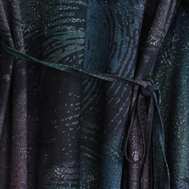 fine blue print fall dress trendy plus size v neck tie waist tunic caftans Fine long sleeve pockets maxi dresses