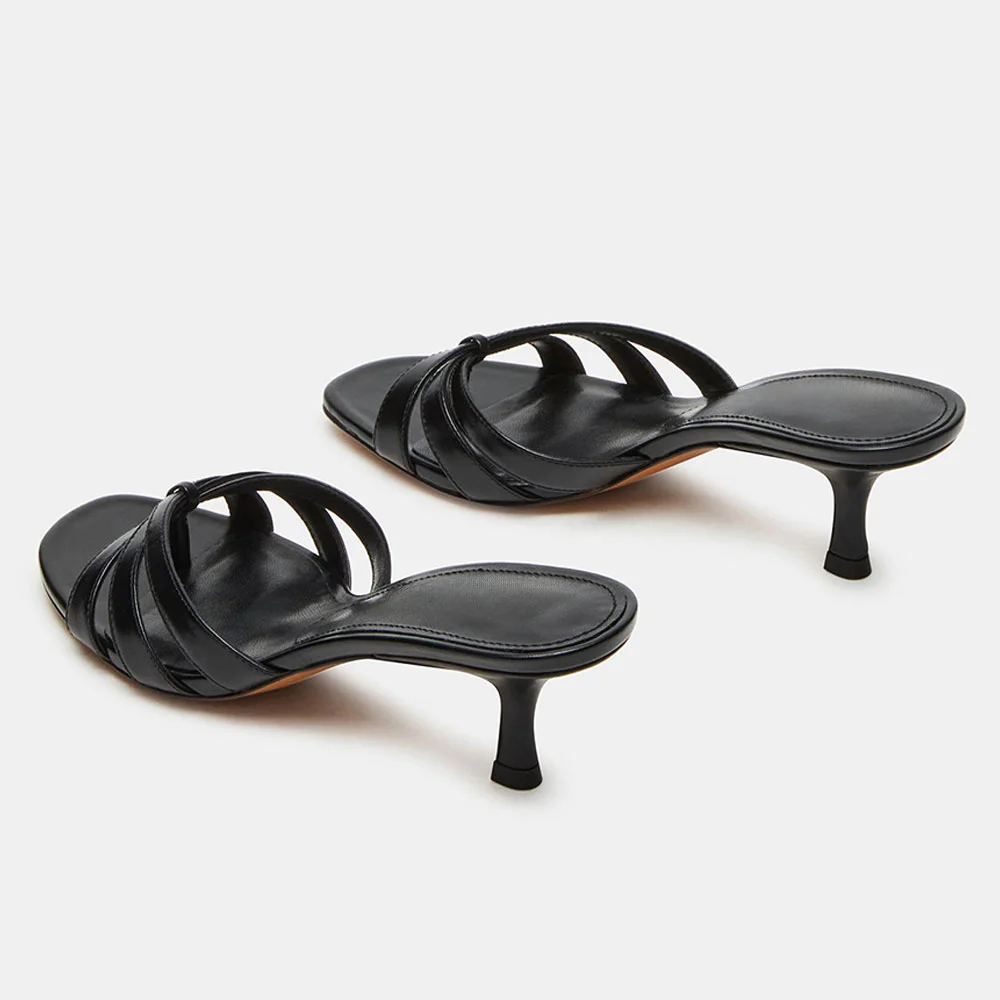 Black Crossed Strap Open Square Toe Spool Heel Slide Sandals Women