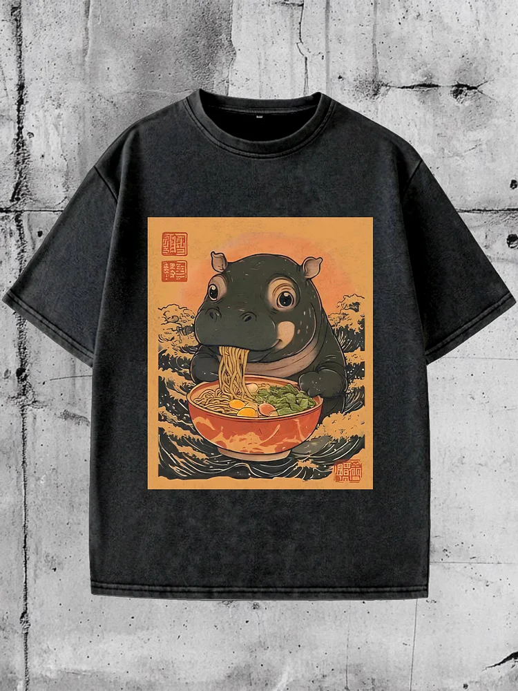 Men's Moo Deng Eating Ramen Print Cotton Washed T-Shirt