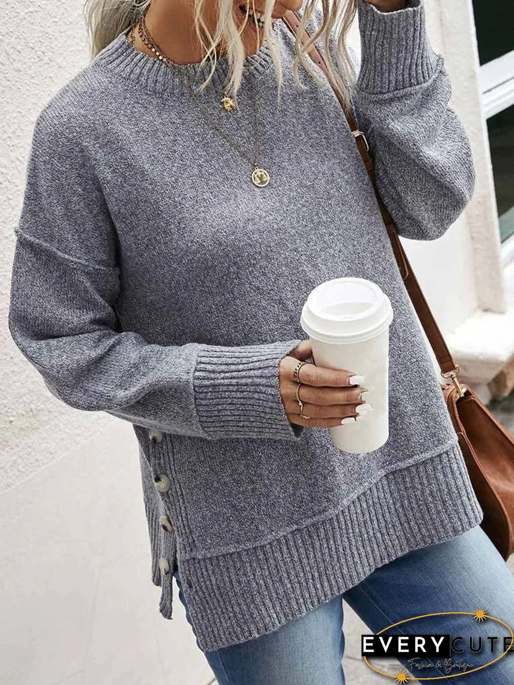 Casual Buttoned Plain Crew Neck Loose Sweater