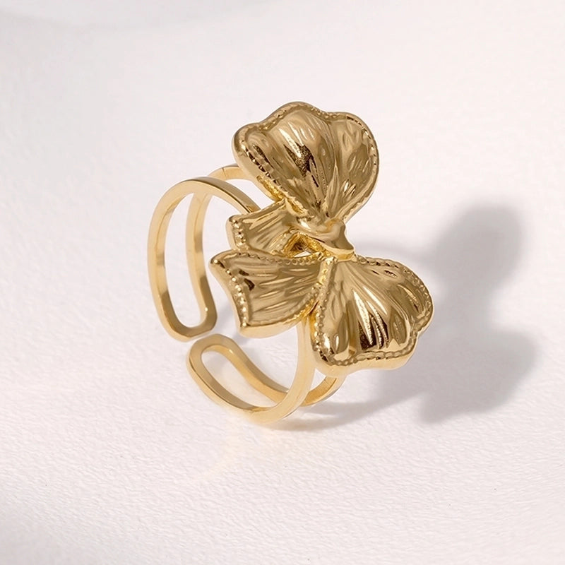 Cute Sweet Minimalist Bow Knot 304 Stainless Steel 18K Gold Plated Open Rings