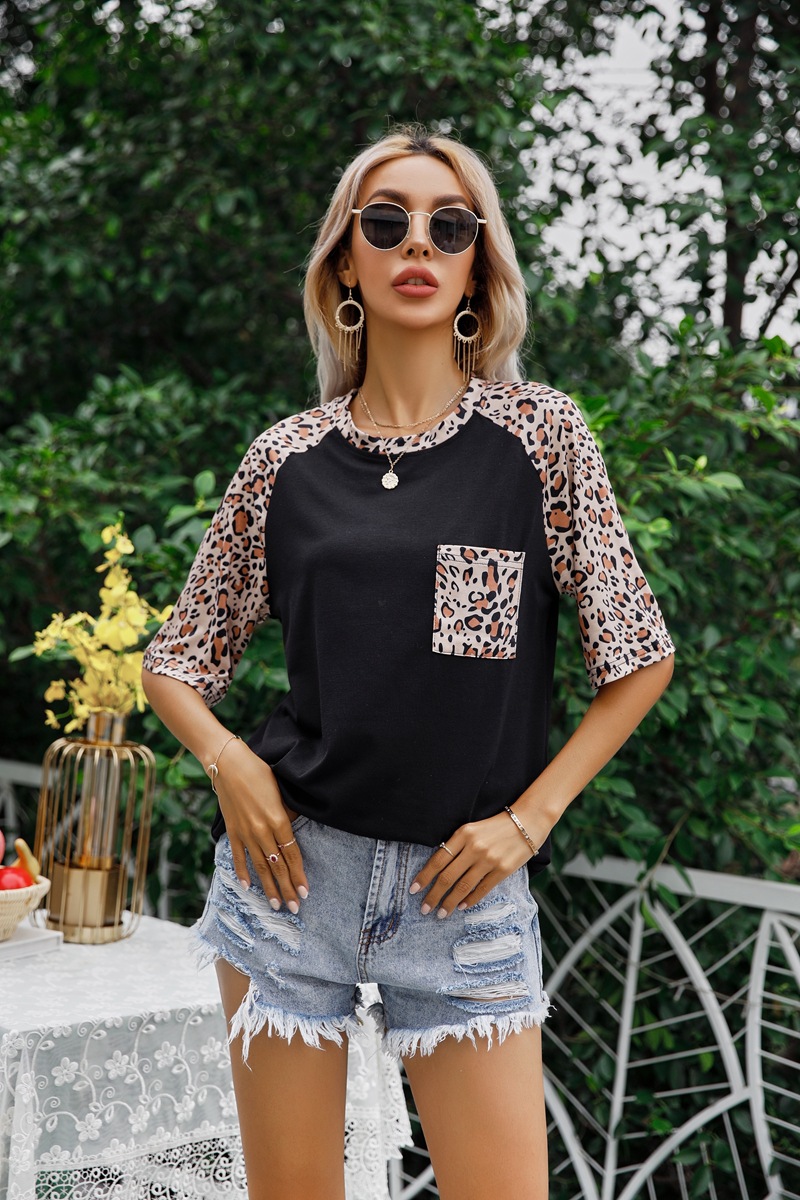 New Leopard Print Stitching Round Neck Short-Sleeved T-shirt