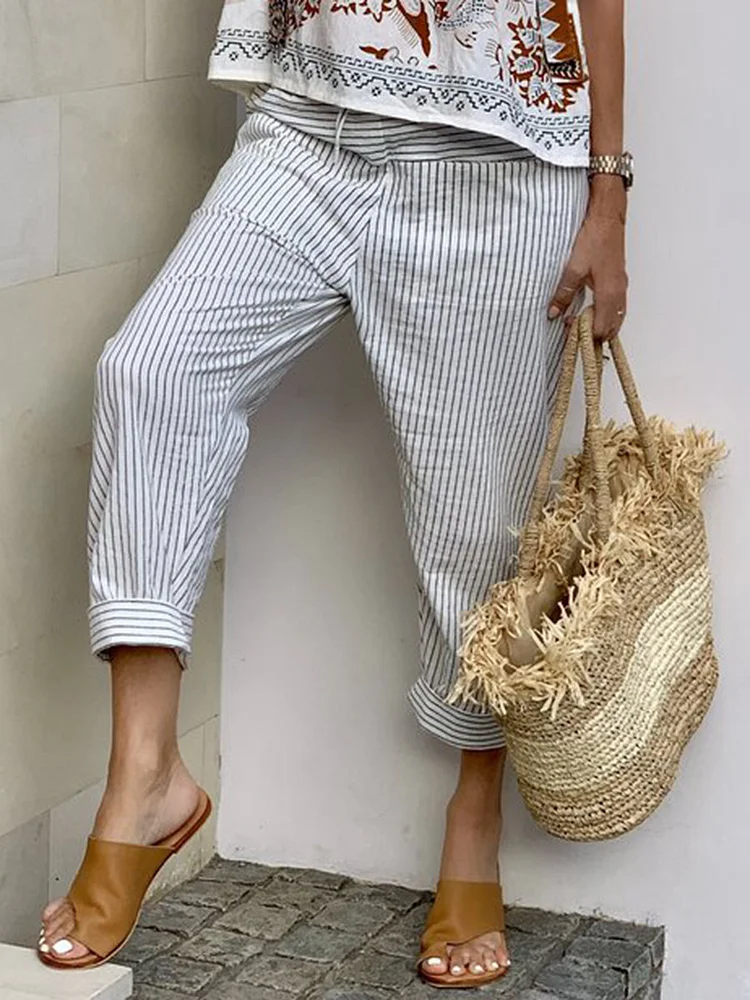 Cotton and Linen Stripes Cropped Casual Pants VangoghDress