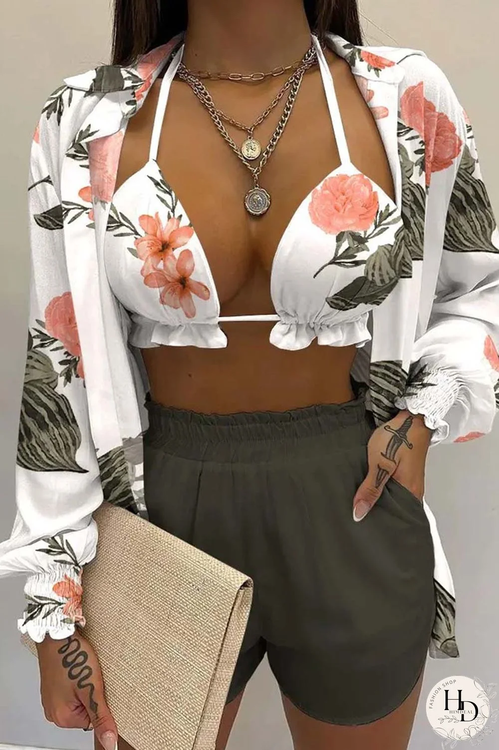 White Sexy Casual Print Solid Basic Long Sleeve Three Piece Set