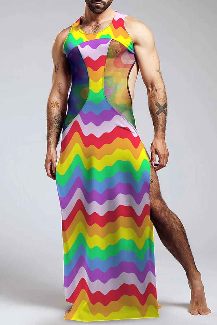 Rainbow Wave Print Patchwork Side Slit Maxi Dress [Pre-Order]