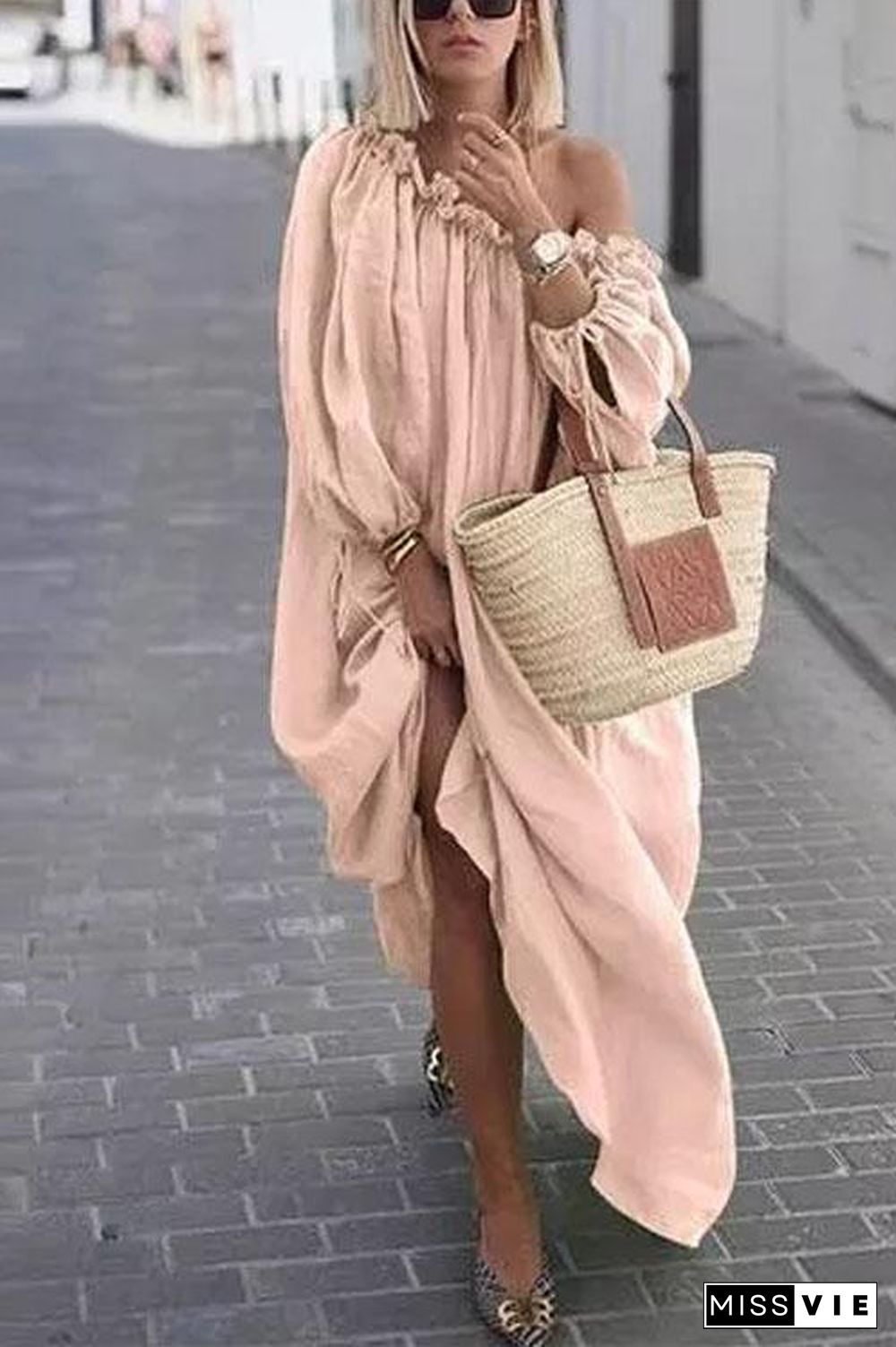 One Shoulder Off Waterfall Dress