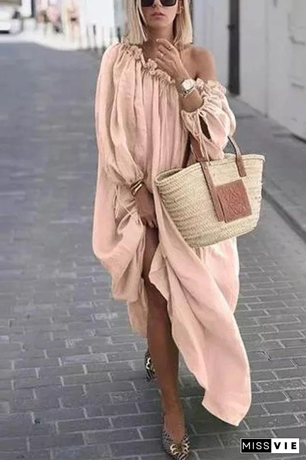 One Shoulder Off Waterfall Dress